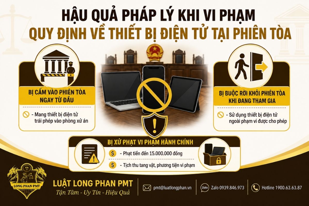 Hậu quả vi phạm quy định thiết bị điện tử tại phiên tòa gồm cấm vào, buộc rời và xử phạt.