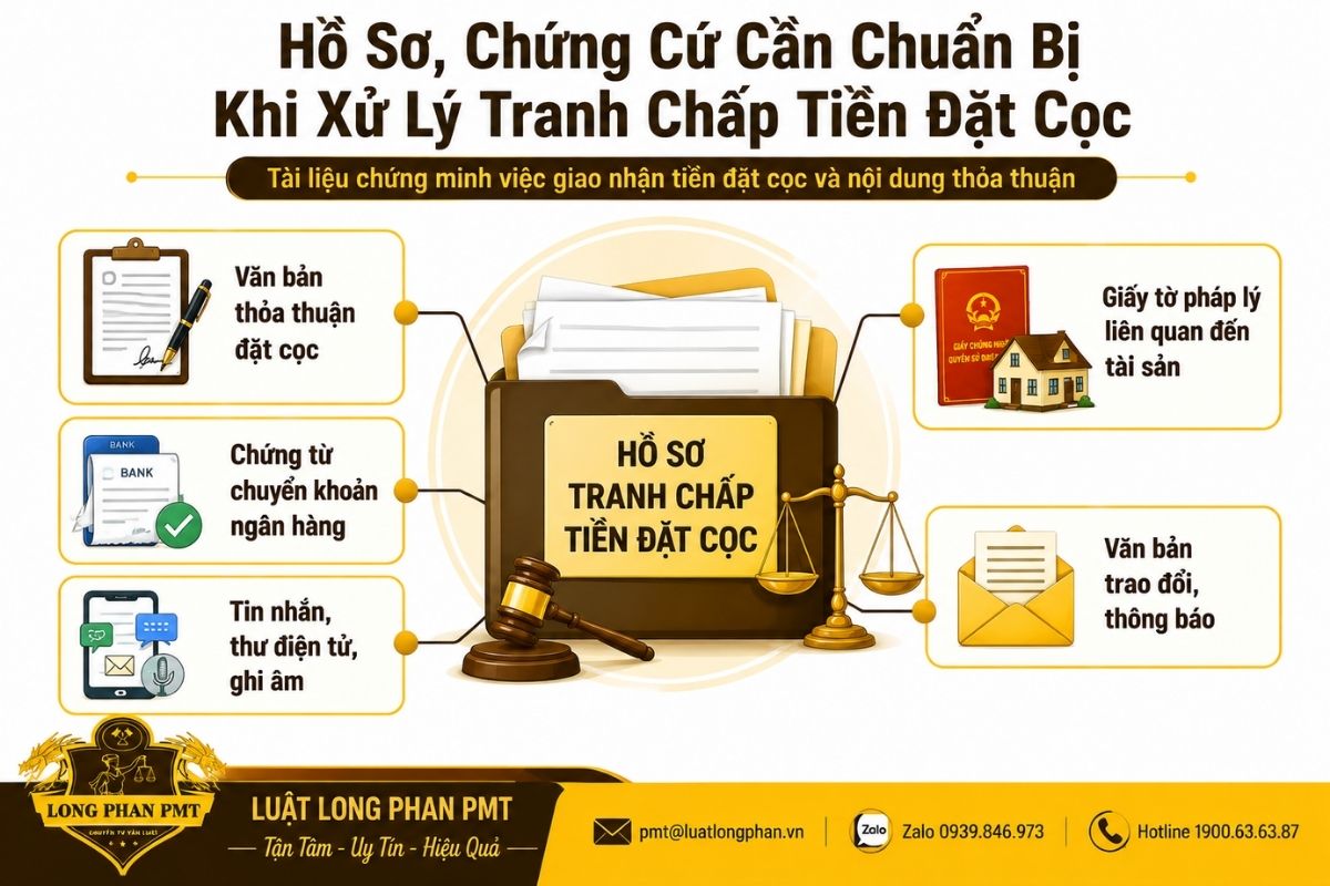 Hồ sơ chứng cứ tranh chấp tiền đặt cọc gồm thỏa thuận, chứng từ và tài liệu liên quan.