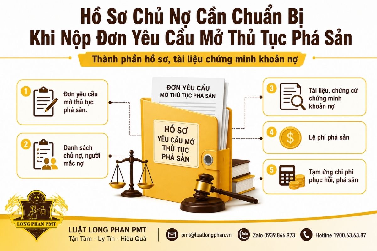 Hồ sơ yêu cầu mở thủ tục phá sản gồm đơn, danh sách chủ nợ và chứng cứ chứng minh khoản nợ.