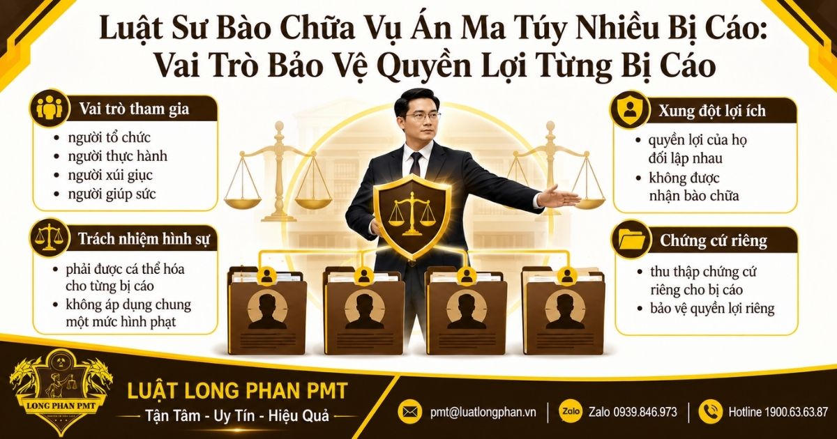 Luật sư bào chữa vụ án ma túy nhiều bị cáo bảo vệ quyền lợi và xác định trách nhiệm riêng từng bị cáo.