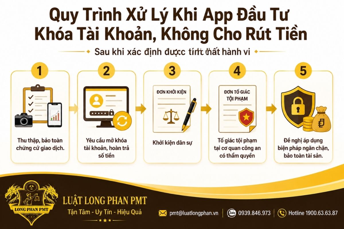 Quy trình xử lý khi app đầu tư chặn rút tiền từ bảo toàn chứng cứ đến khởi kiện hoặc tố giác.
