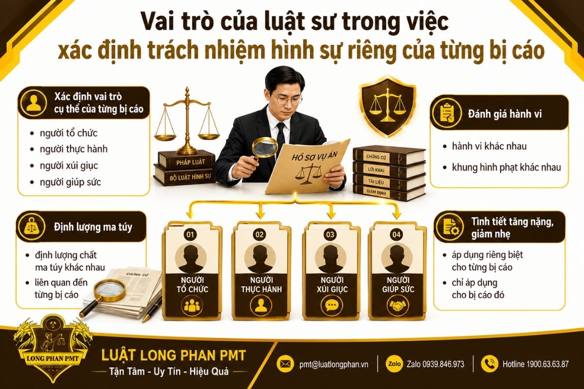 Luật sư xác định trách nhiệm hình sự riêng của từng bị cáo dựa trên vai trò, hành vi và chứng cứ.