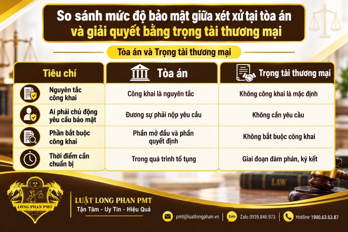 So sánh mức độ bảo mật giữa Tòa án và Trọng tài thương mại khi giải quyết tranh chấp.
