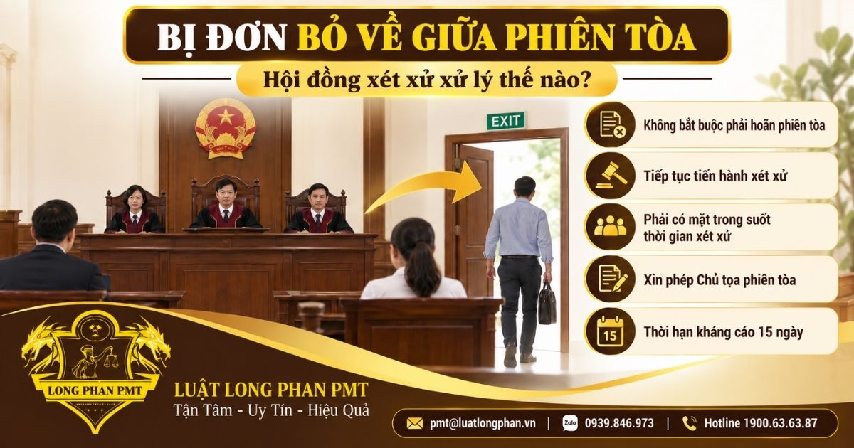 Bị đơn bỏ về giữa phiên tòa và cách Hội đồng xét xử tiếp tục giải quyết vụ án dân sự.