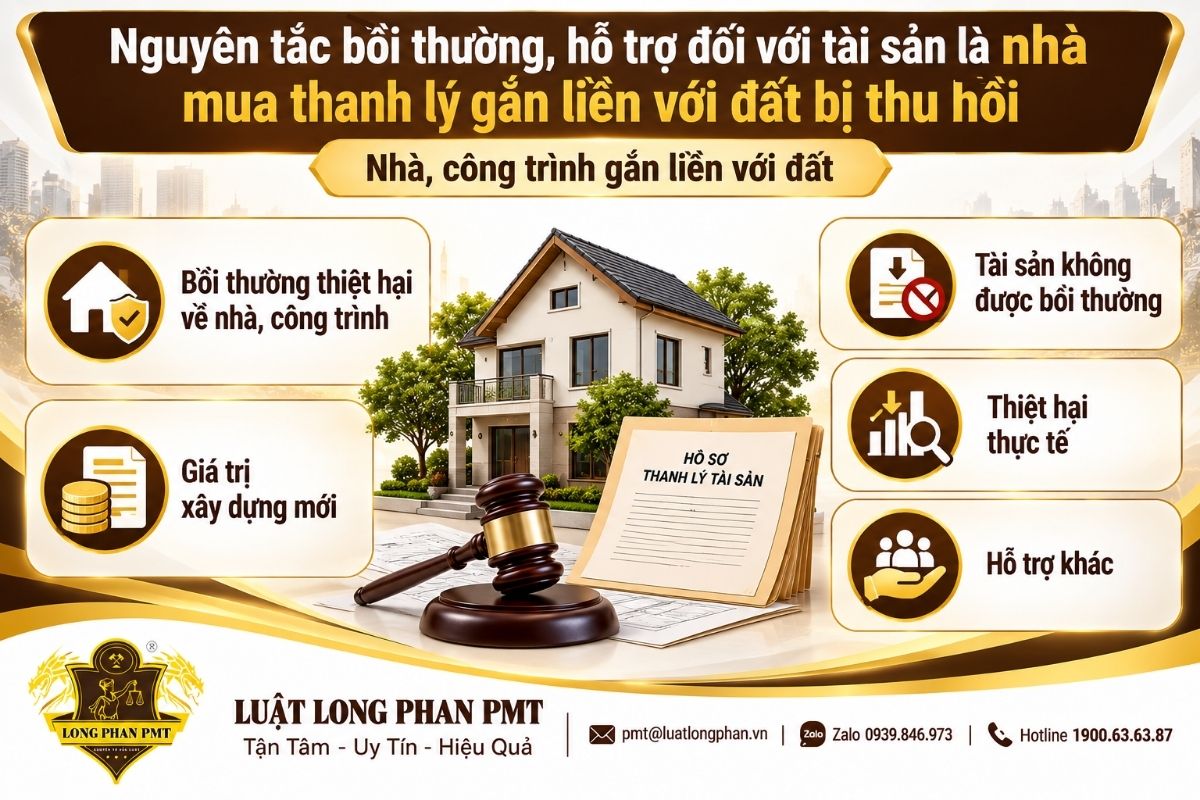 Nguyên tắc bồi thường tài sản là nhà mua thanh lý gắn liền với đất bị thu hồi.