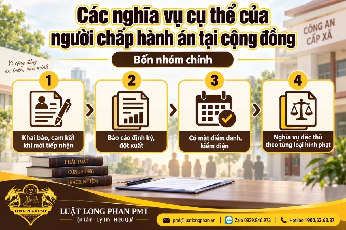 Các nghĩa vụ cụ thể gồm khai báo, cam kết, báo cáo định kỳ và có mặt điểm danh, kiểm diện.