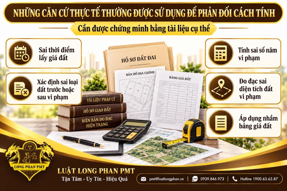 Các căn cứ phản đối cách tính số lợi bất hợp pháp gồm giá đất, loại đất và diện tích.