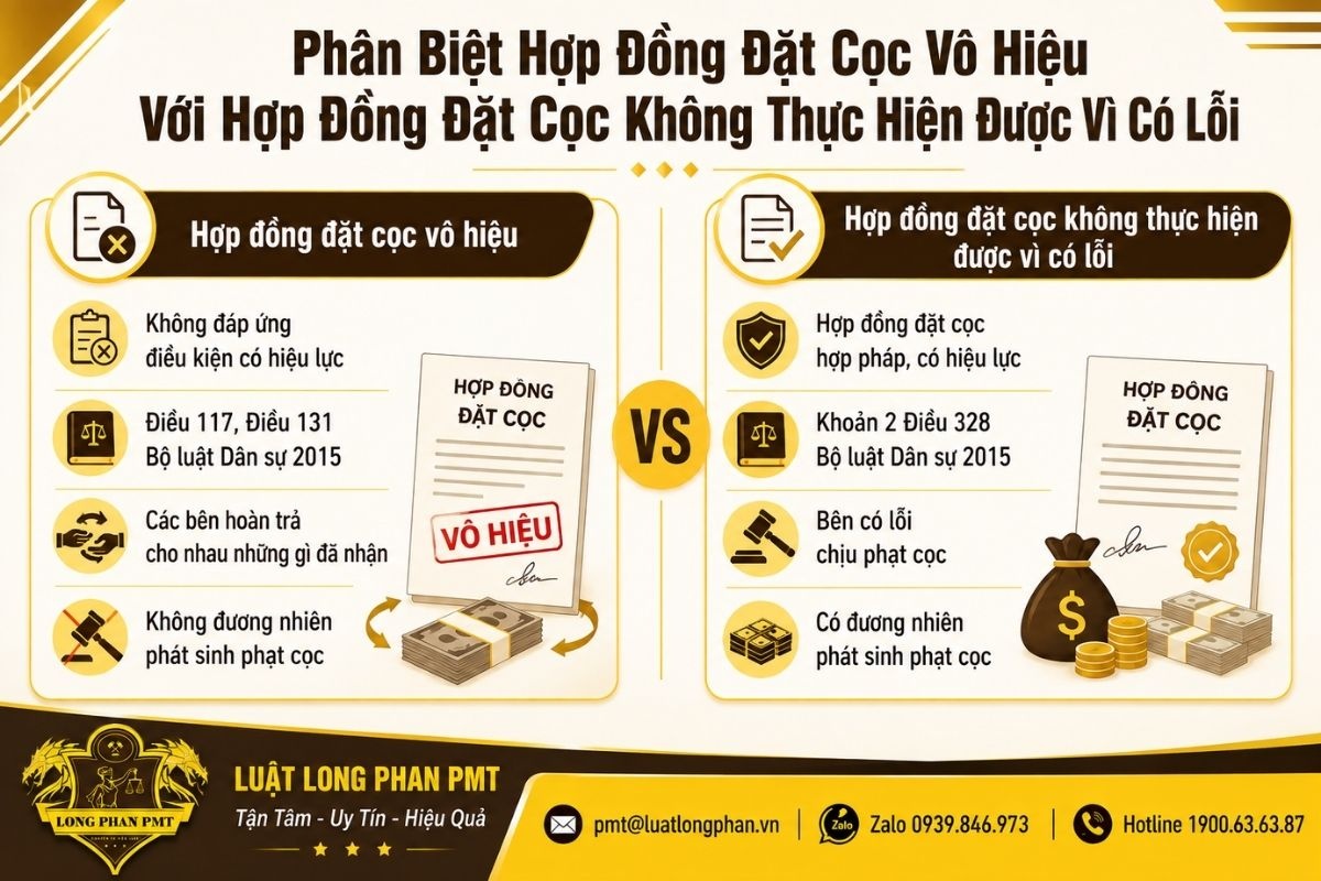 Phân biệt hợp đồng đặt cọc vô hiệu với hợp đồng không thực hiện được vì có lỗi.