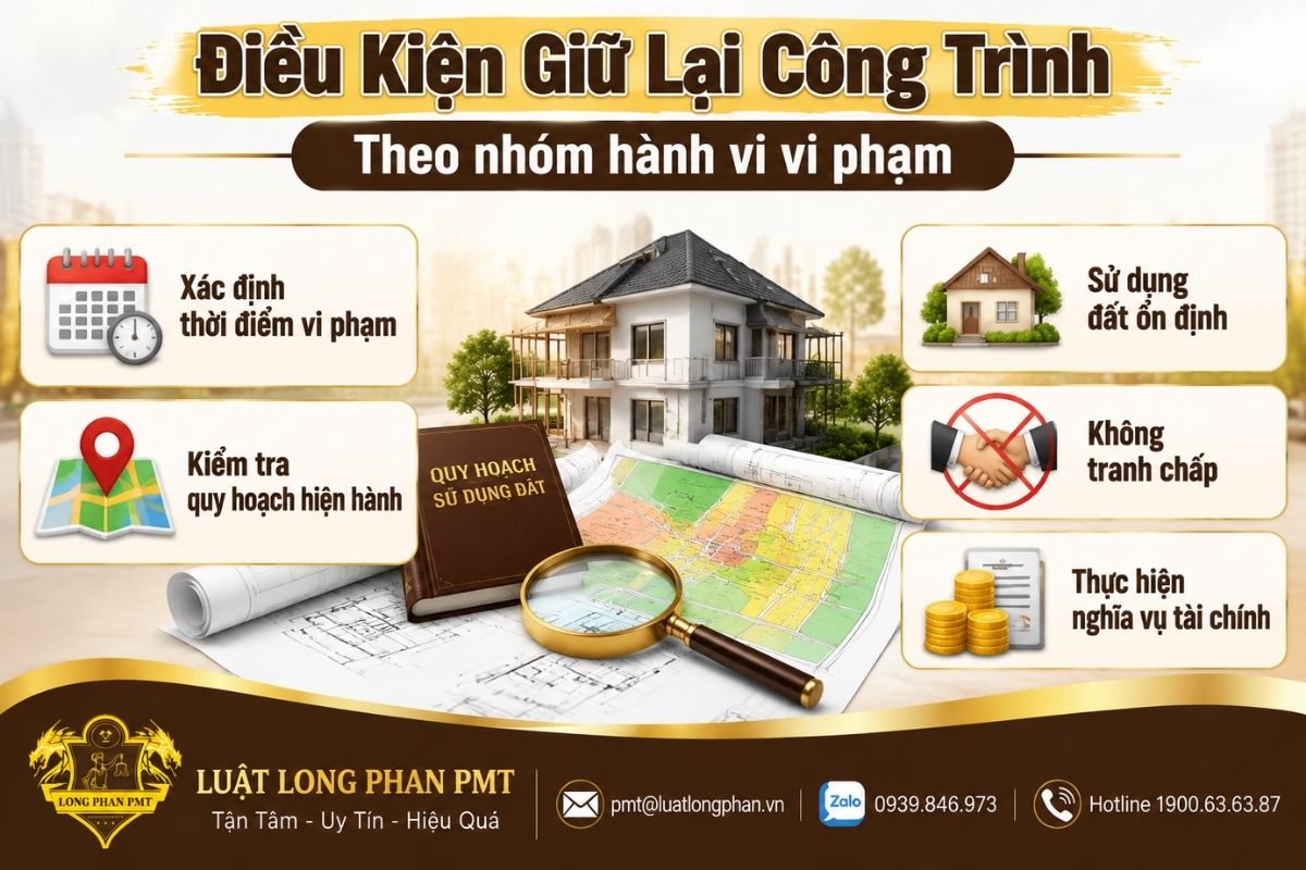 Điều kiện giữ lại công trình khi đất vi phạm đáp ứng quy hoạch và quy định pháp luật.