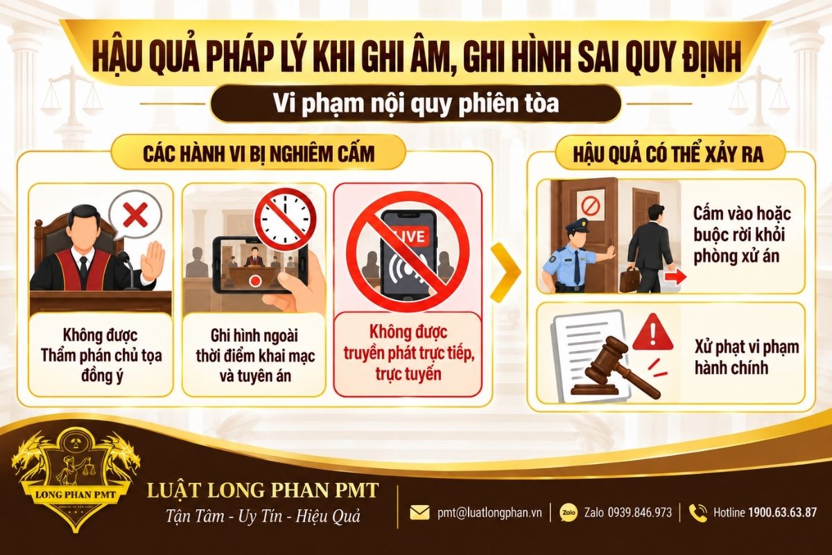 Hậu quả khi ghi âm, ghi hình sai quy định tại phiên tòa, gồm ghi không xin phép và truyền phát trực tiếp.