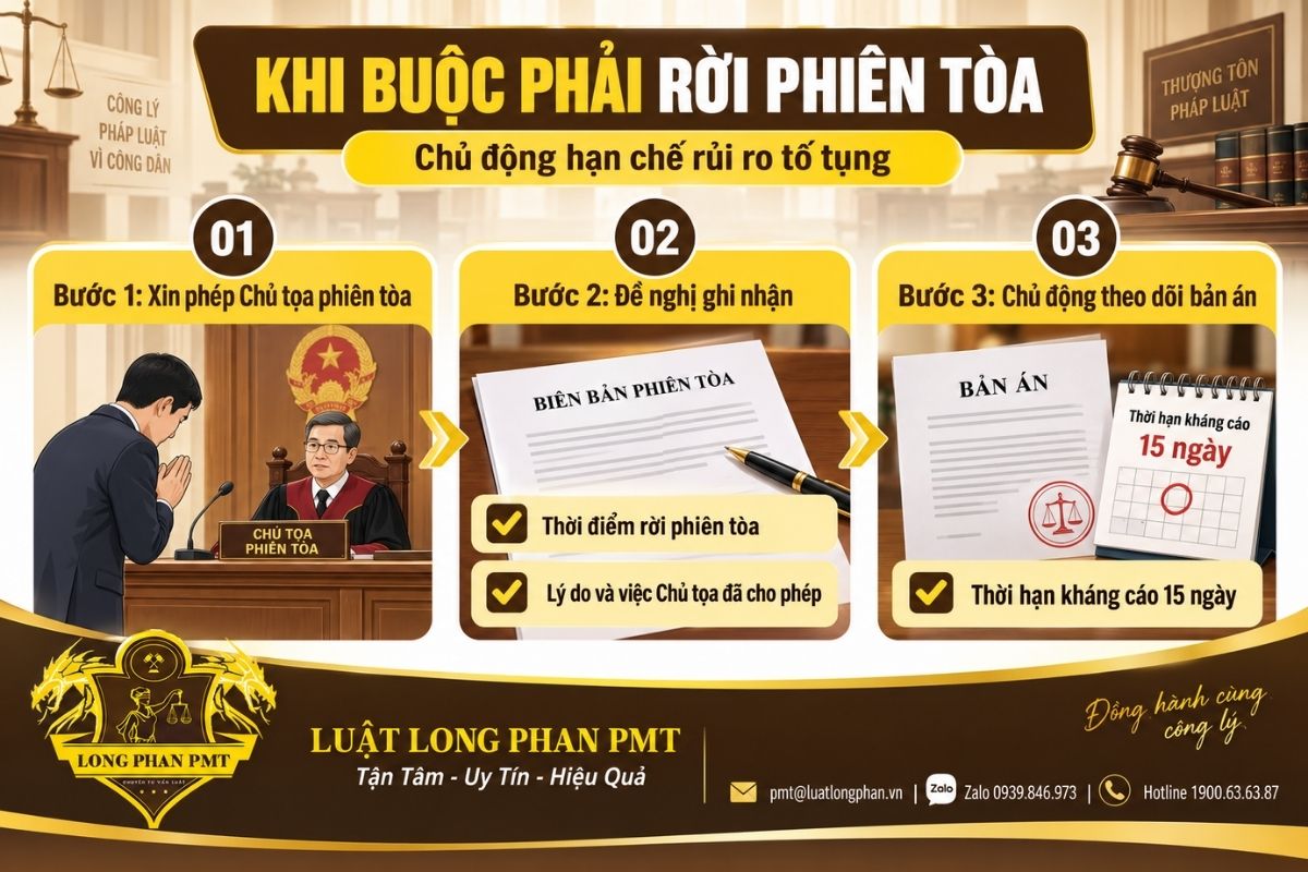 Các bước bị đơn nên thực hiện khi bắt buộc phải rời phiên tòa giữa chừng vì lý do chính đáng.
