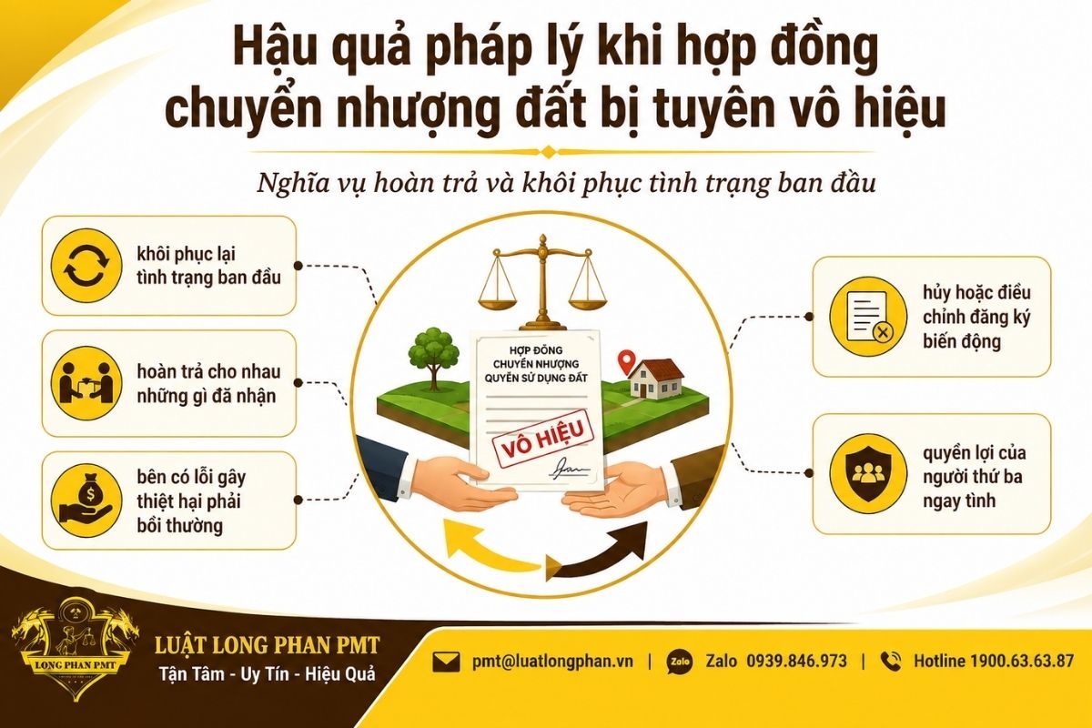 Hậu quả hợp đồng chuyển nhượng đất bị tuyên vô hiệu gồm hoàn trả và bồi thường thiệt hại.