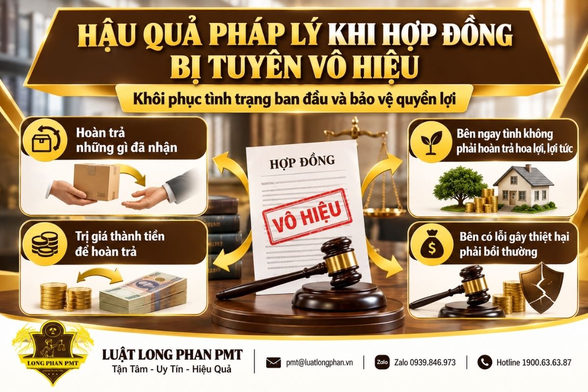 Hậu quả pháp lý của hợp đồng vô hiệu gồm hoàn trả tài sản và bồi thường thiệt hại.