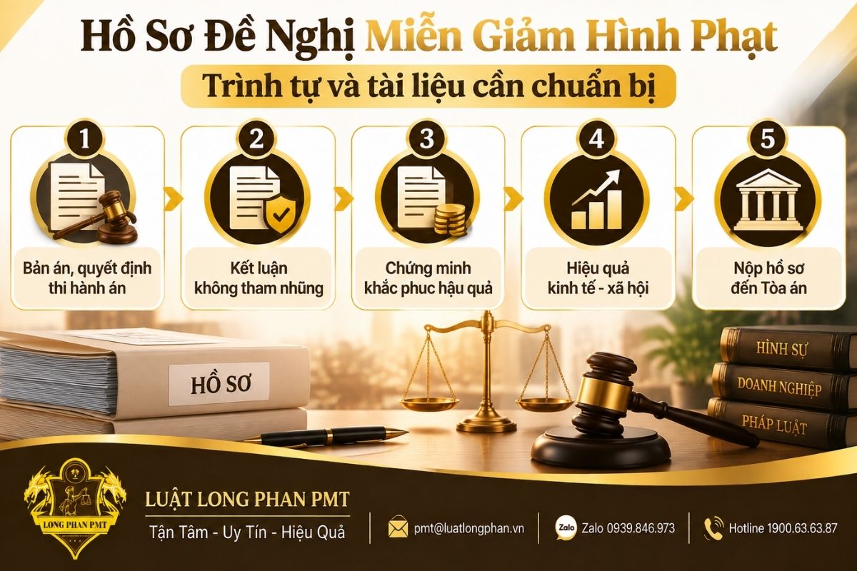 Hồ sơ đề nghị miễn giảm hình phạt gồm tài liệu chứng minh khắc phục hậu quả và hiệu quả kinh tế xã hội.