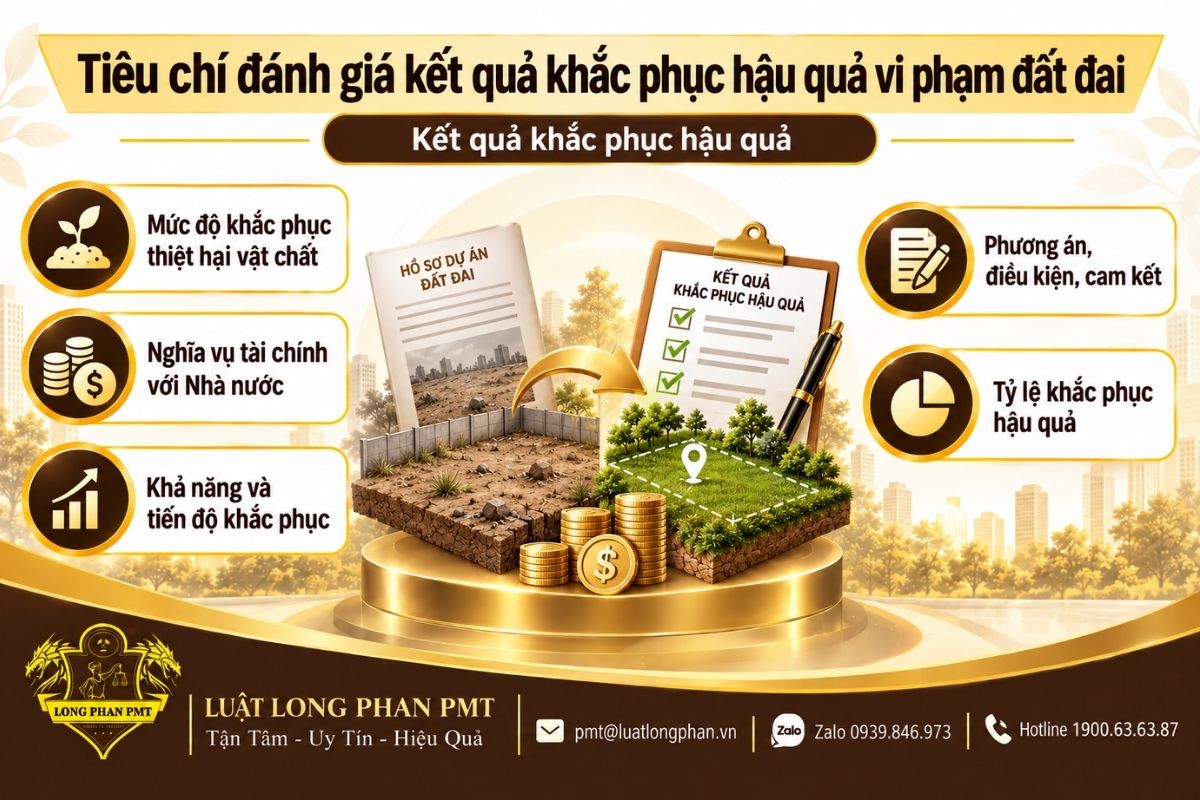 Kết quả khắc phục hậu quả vi phạm đất đai qua thiệt hại, nghĩa vụ tài chính và tiến độ khắc phục.