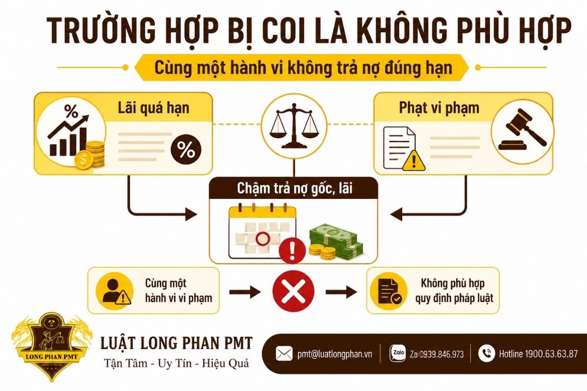 Lãi quá hạn và phạt vi phạm bị coi là không phù hợp khi áp dụng cho cùng hành vi chậm trả.