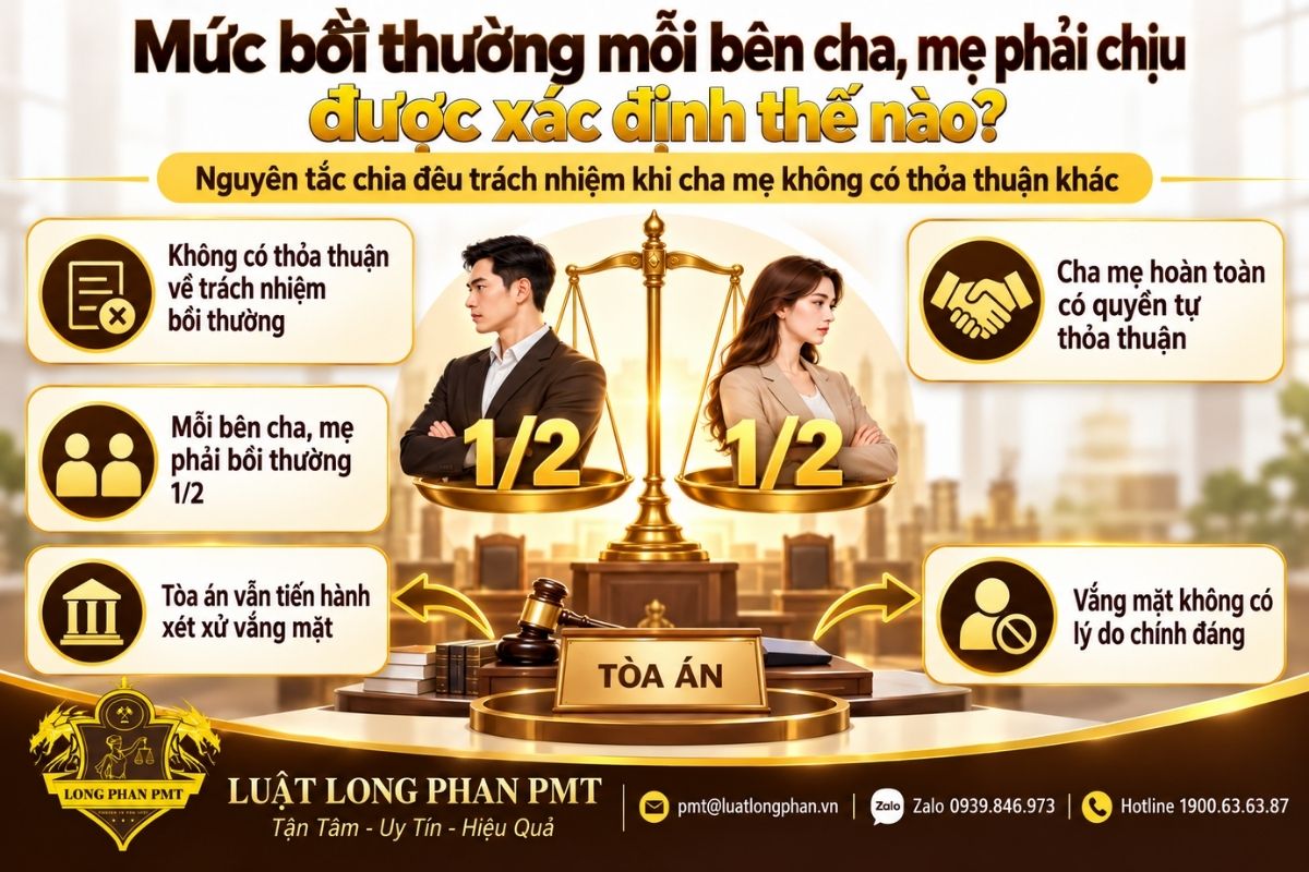 Mức bồi thường giữa cha và mẹ khi con dưới 15 tuổi gây thiệt hại được xác định theo trách nhiệm chung.