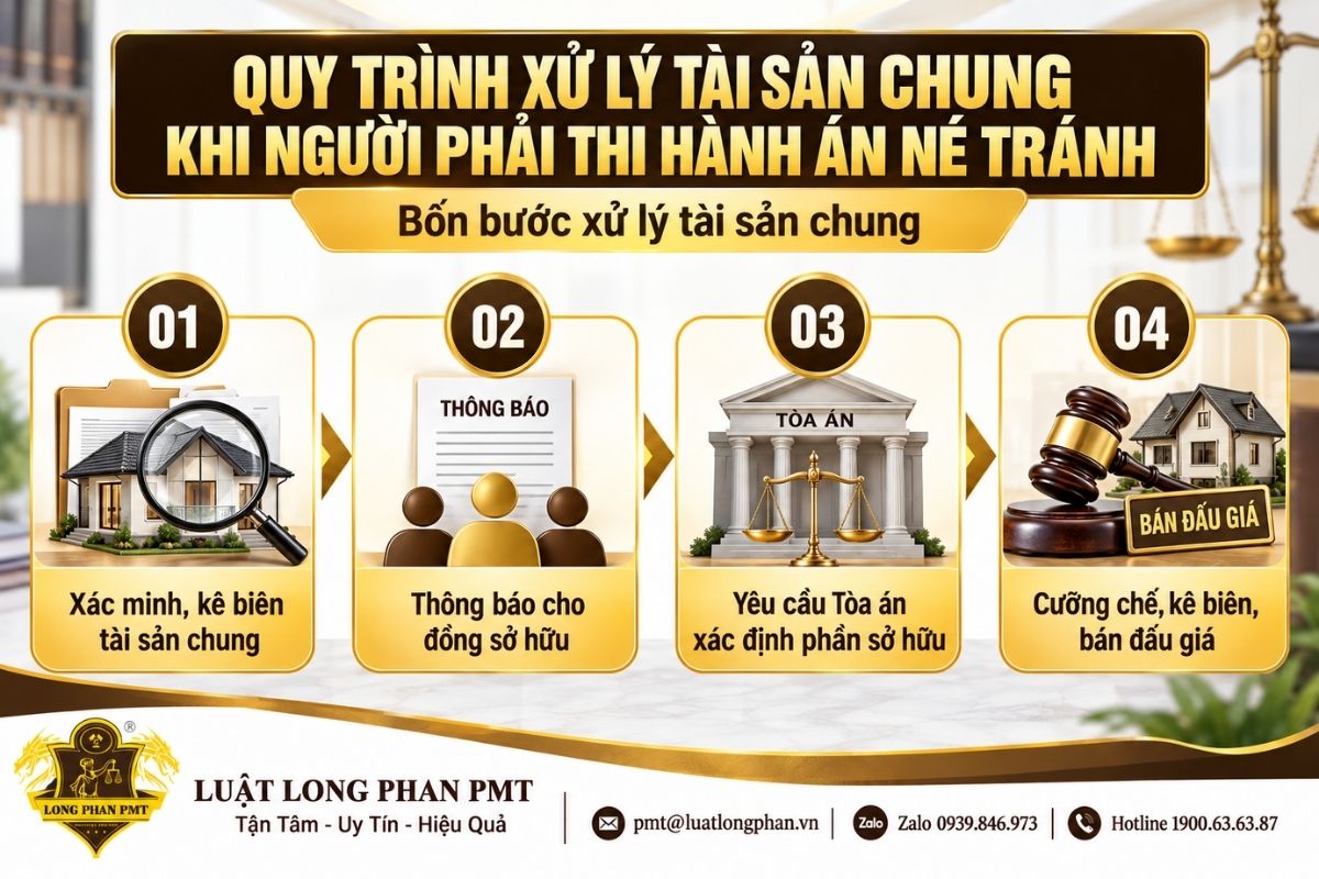 Quy trình xử lý tài sản chung khi người phải thi hành án né tránh nghĩa vụ.