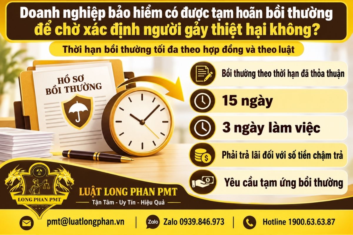 Tạm hoãn bồi thường bảo hiểm để chờ xác định người gây thiệt hại và thời hạn chi trả theo luật.