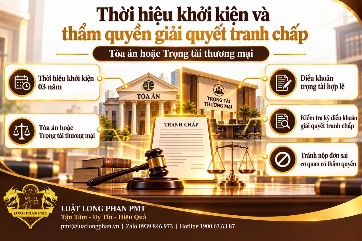 Thời hiệu khởi kiện 03 năm và thẩm quyền Tòa án hoặc Trọng tài thương mại.