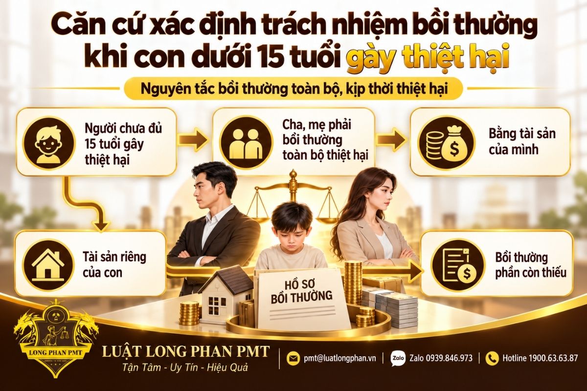 Trách nhiệm bồi thường khi con dưới 15 tuổi gây thiệt hại và tài sản dùng để bồi thường.
