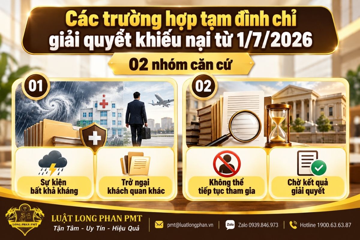 Các trường hợp tạm đình chỉ khiếu nại gồm bất khả kháng và chờ kết quả giải quyết liên quan.