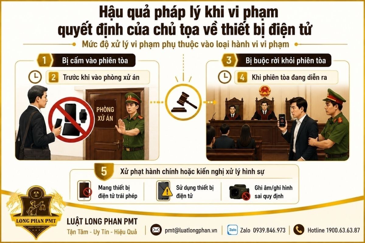Vi phạm quy định thiết bị điện tử tại phiên tòa có thể bị cấm vào hoặc buộc rời khỏi phiên tòa.
