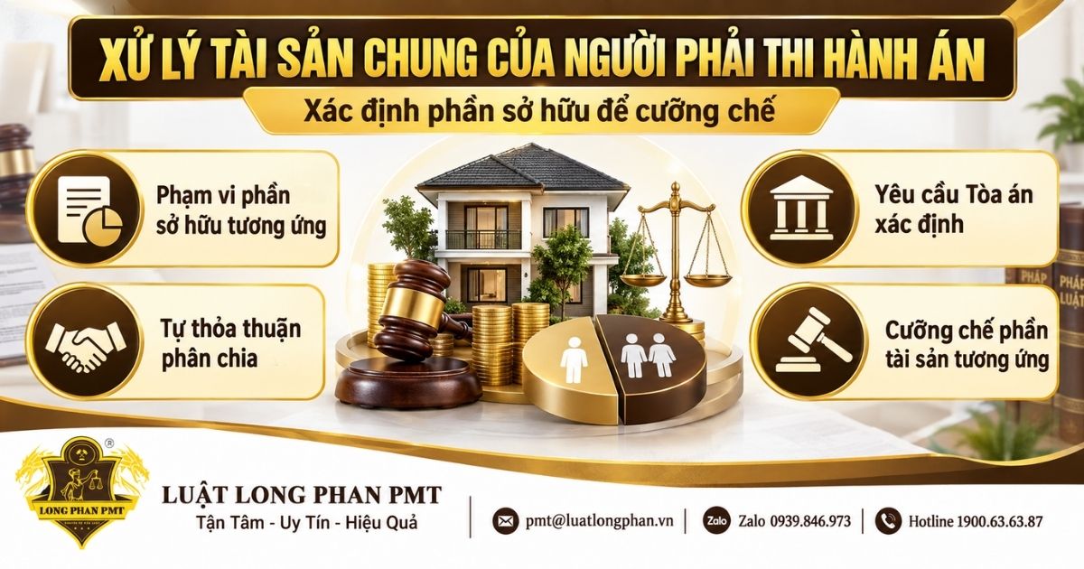 Xử lý tài sản chung của người phải thi hành án theo phạm vi phần sở hữu và trình tự pháp luật.