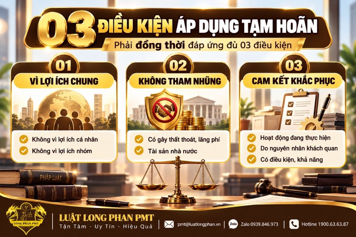Ba điều kiện áp dụng tạm hoãn gồm lợi ích chung, không tham nhũng và cam kết khắc phục.