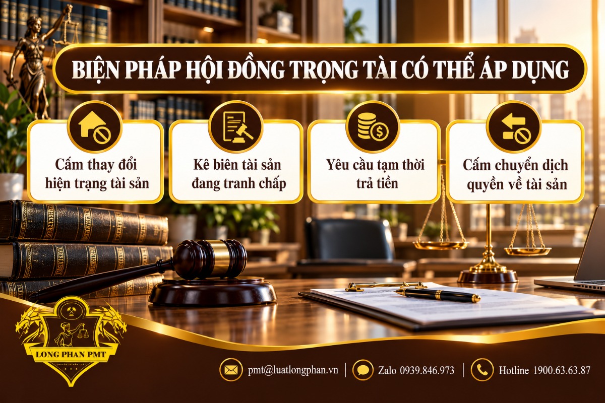 Infographic các biện pháp khẩn cấp tạm thời Hội đồng trọng tài có thể áp dụng: cấm thay đổi, kê biên, tạm thời trả tiền