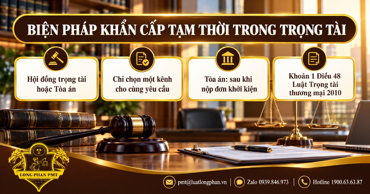 Infographic biện pháp khẩn cấp tạm thời trong trọng tài: Hội đồng trọng tài hoặc Tòa án, Điều 48 Luật TTTM 2010