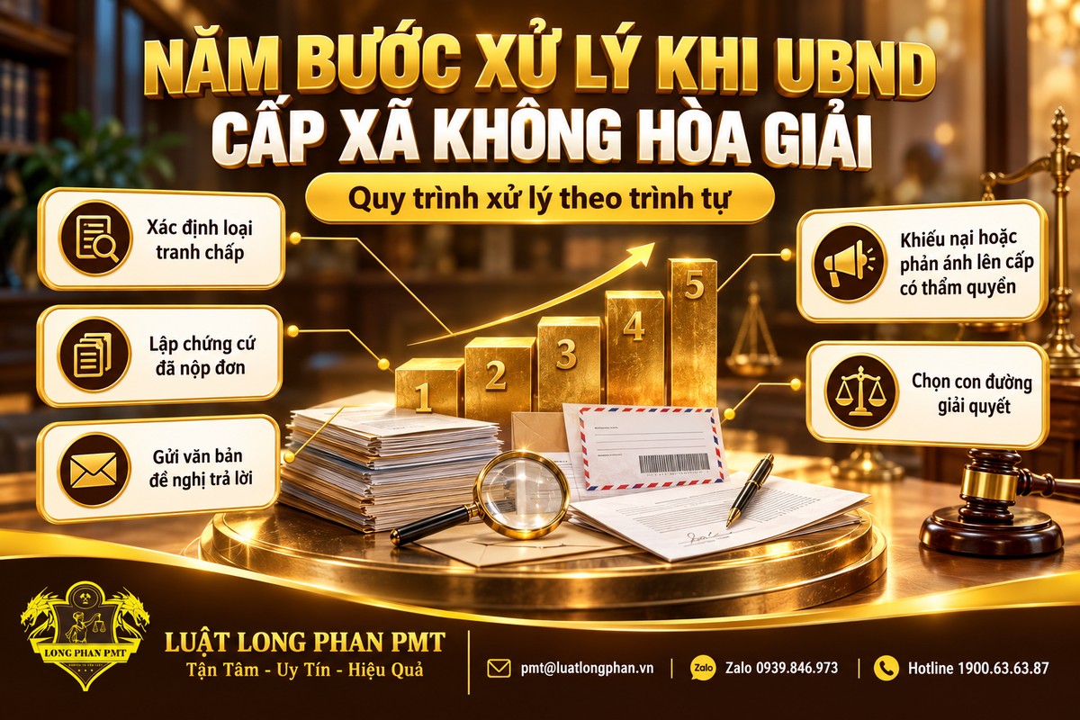 Năm bước xử lý khi UBND cấp xã không hòa giải: xác định loại tranh chấp, lập chứng cứ, khiếu nại, chọn cách giải quyết