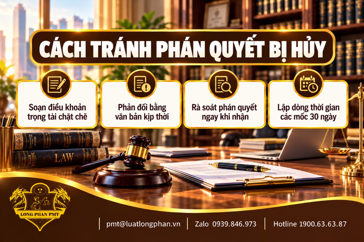 Infographic cách tránh phán quyết trọng tài bị hủy: soạn điều khoản chặt chẽ, phản đối kịp thời, lập dòng thời gian