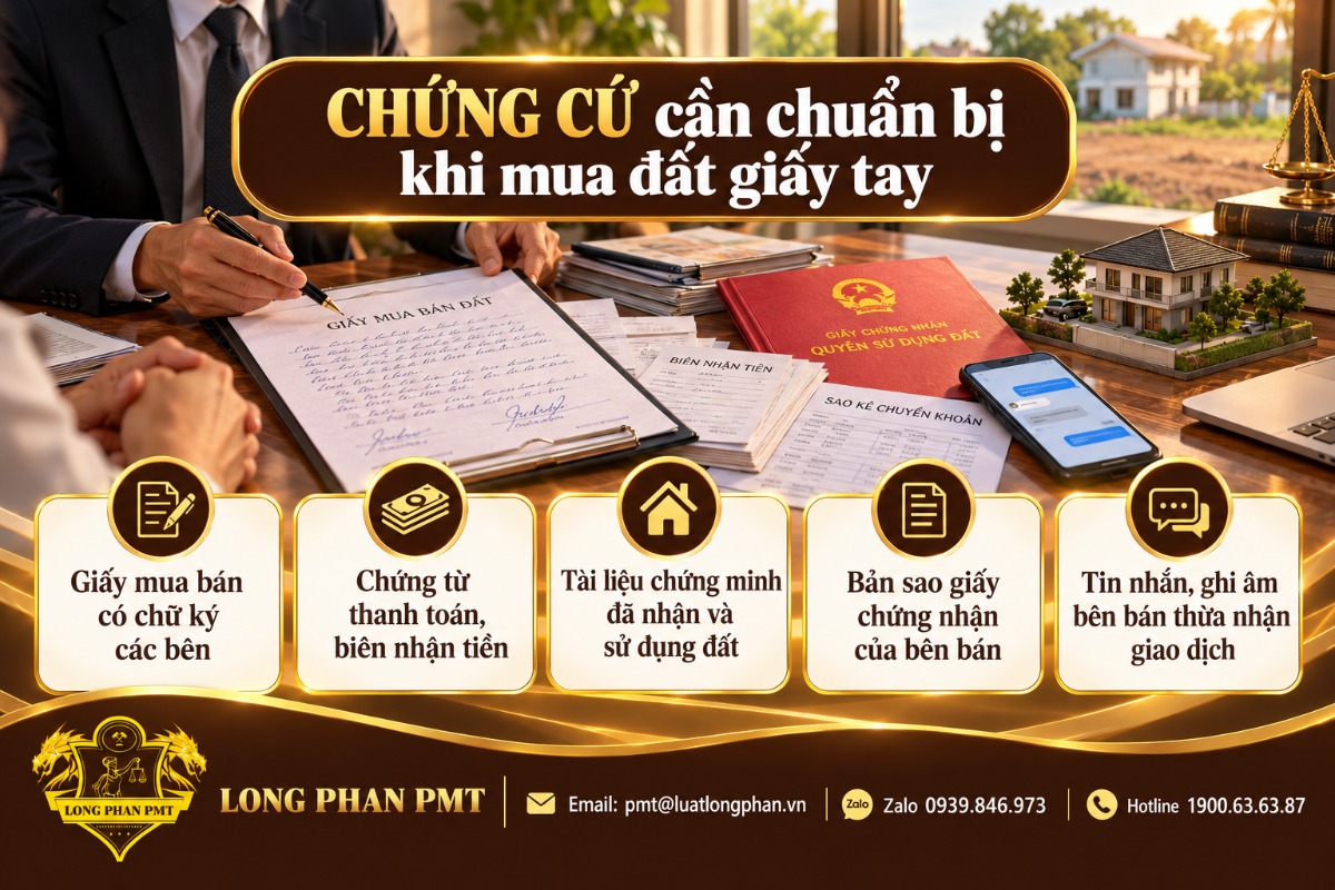 Infographic chứng cứ khi mua đất giấy tay: giấy mua bán, biên nhận tiền, sao kê, sổ đất và tin nhắn