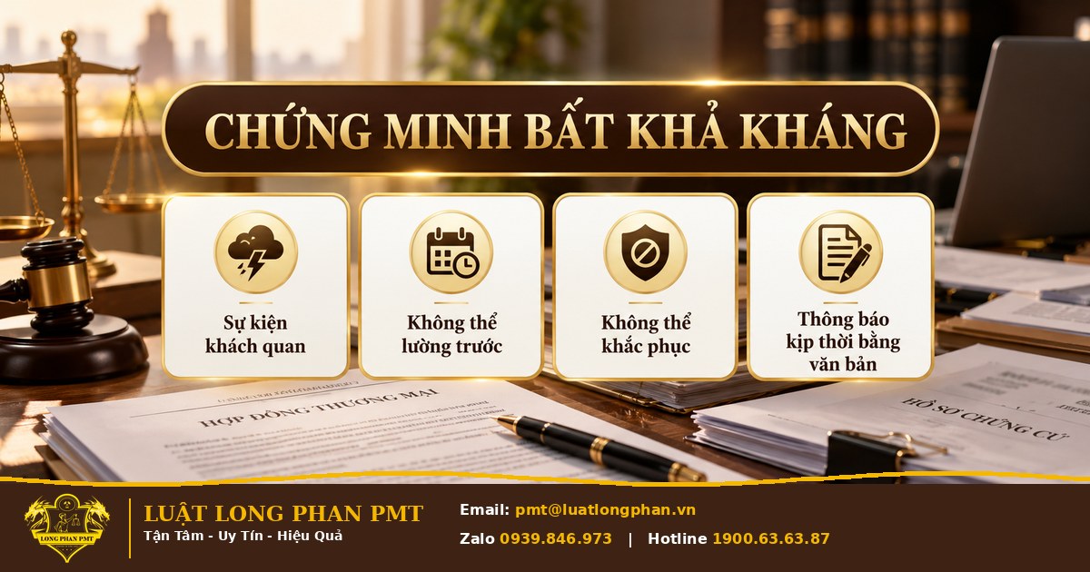 Infographic chứng minh bất khả kháng trong hợp đồng thương mại: khách quan, không thể lường trước, không thể khắc phục