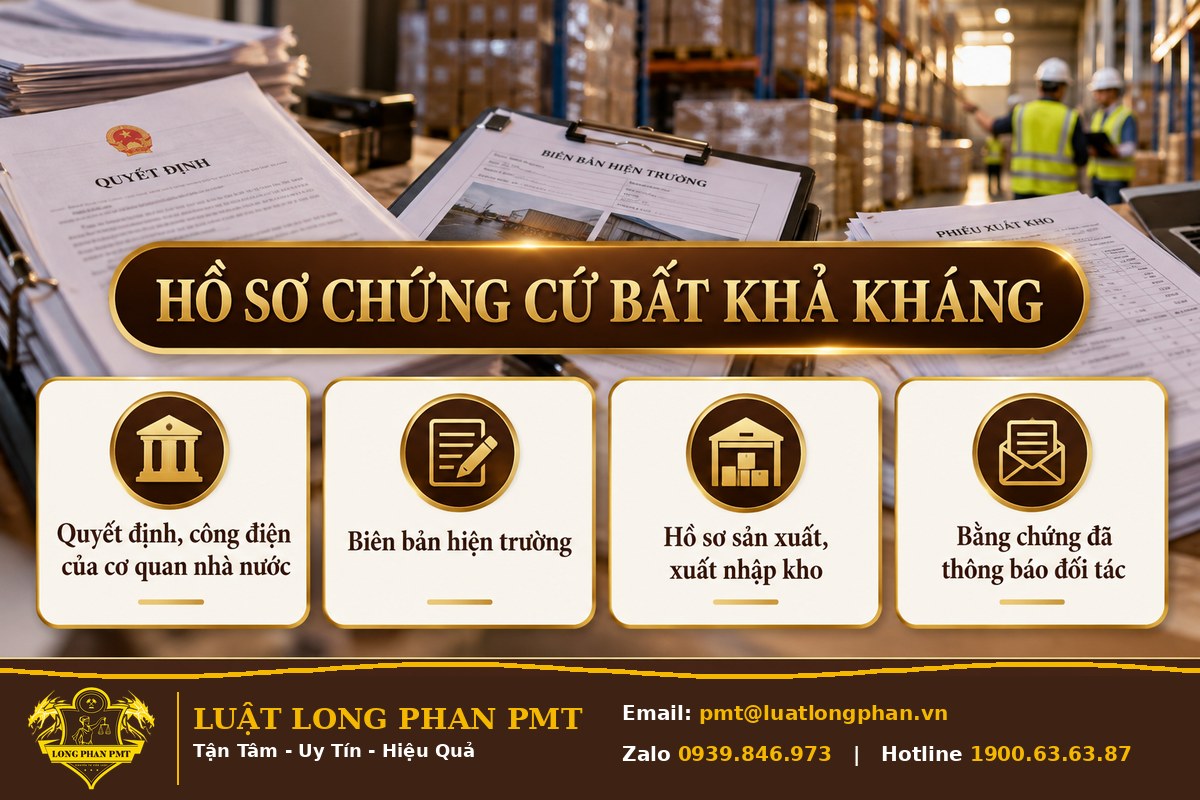 Infographic hồ sơ chứng cứ bất khả kháng: quyết định cơ quan nhà nước, biên bản hiện trường, xuất nhập kho, thông báo đối tác