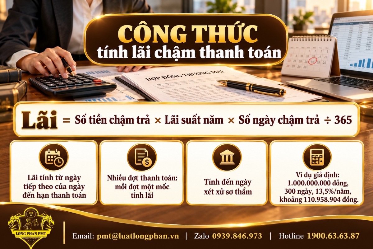 Infographic công thức tính lãi chậm thanh toán hợp đồng thương mại kèm ví dụ giả định 1 tỷ đồng, 300 ngày