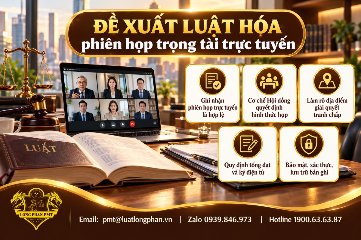 Infographic đề xuất luật hóa phiên họp trọng tài trực tuyến: cuốn luật, laptop họp video và 5 nội dung đề xuất
