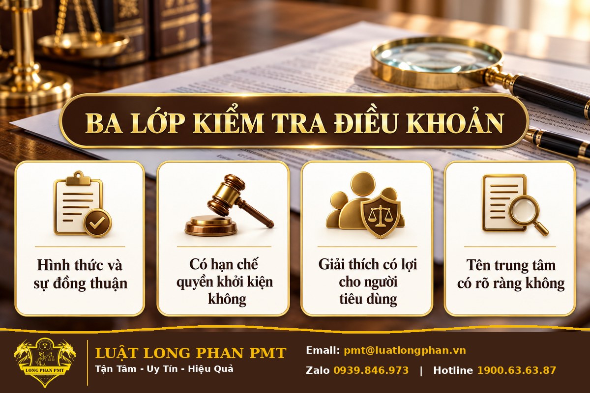 Infographic ba lớp kiểm tra điều khoản trọng tài: hình thức, hạn chế quyền khởi kiện, giải thích có lợi, tên trung tâm