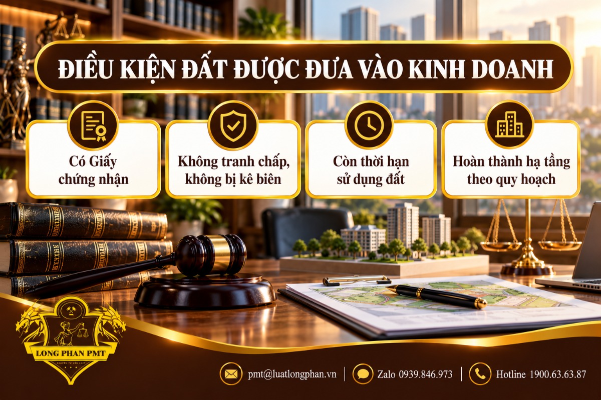 Infographic điều kiện đất được đưa vào kinh doanh bất động sản: có Giấy chứng nhận, không tranh chấp, còn thời hạn