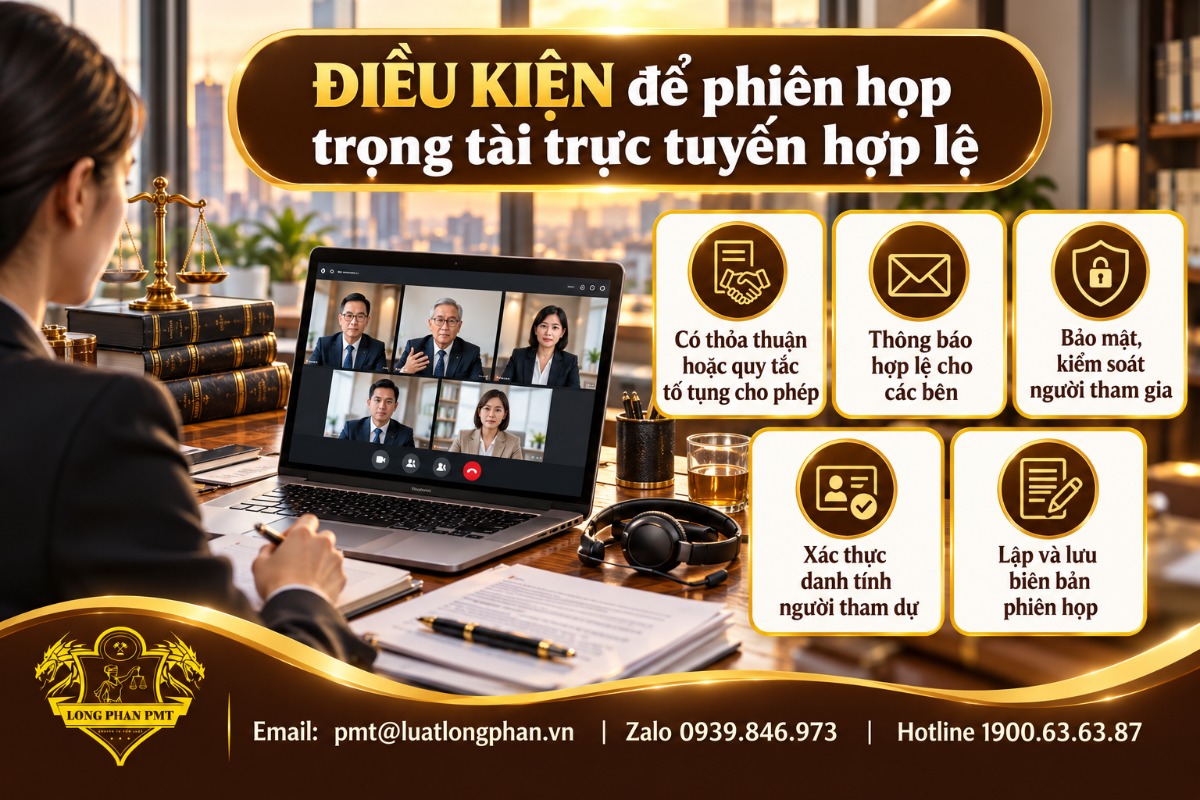 Điều kiện để phiên họp trọng tài trực tuyến hợp lệ Infographic điều kiện phiên họp trọng tài trực tuyến hợp lệ: thỏa thuận, thông báo, bảo mật, xác thực danh tính, biên bản