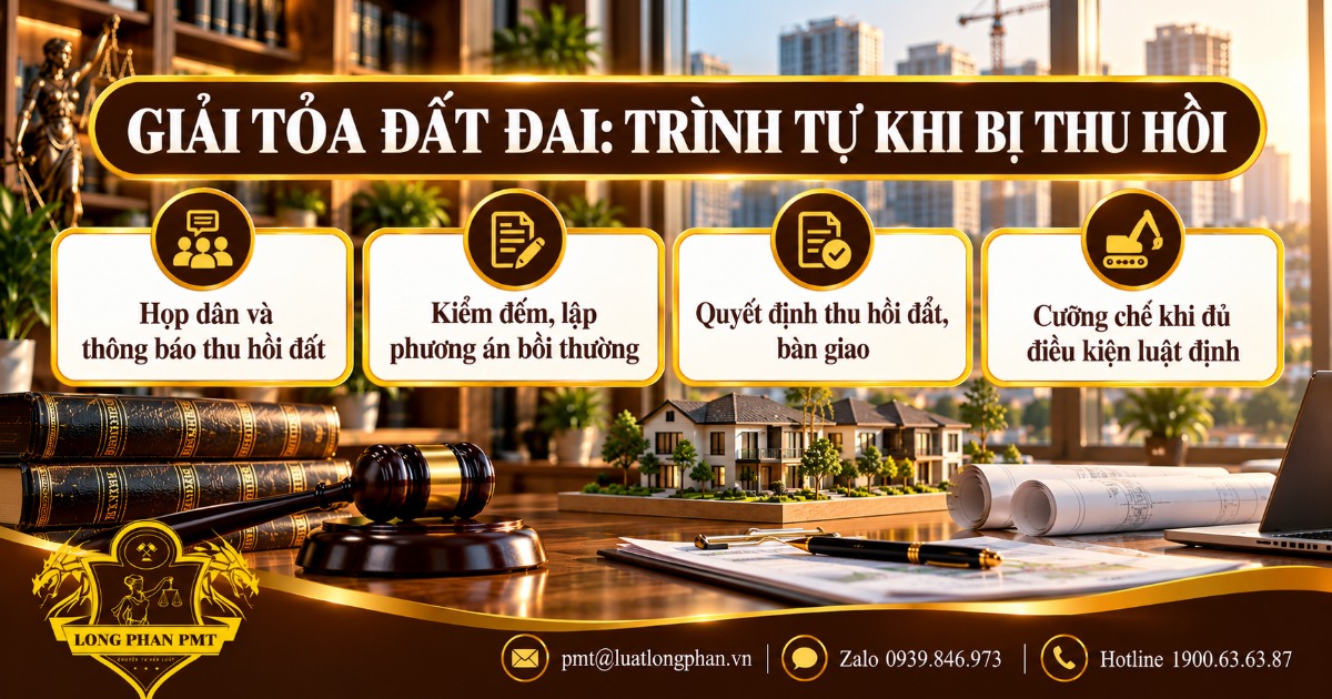 Infographic trình tự giải tỏa đất đai khi bị thu hồi: họp dân, kiểm đếm, quyết định thu hồi, cưỡng chế theo luật