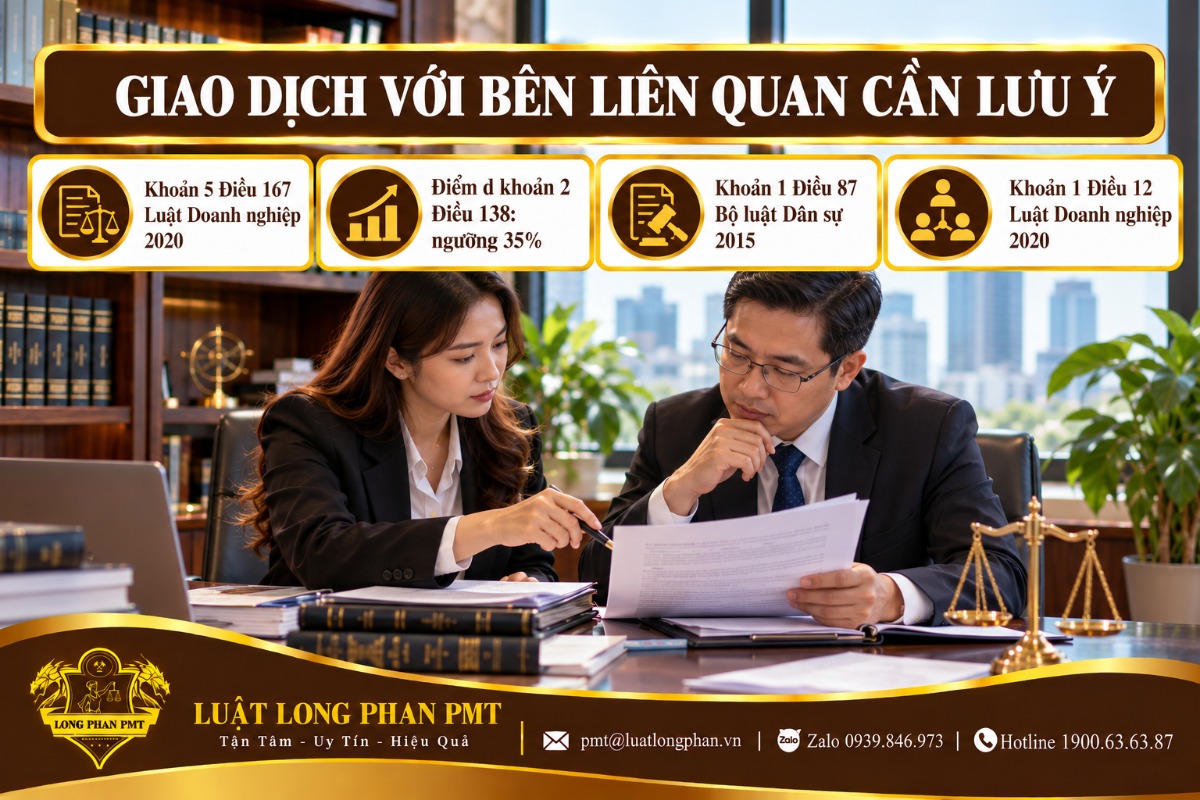 Luật sư và doanh nhân xem hồ sơ pháp lý về giao dịch với bên liên quan