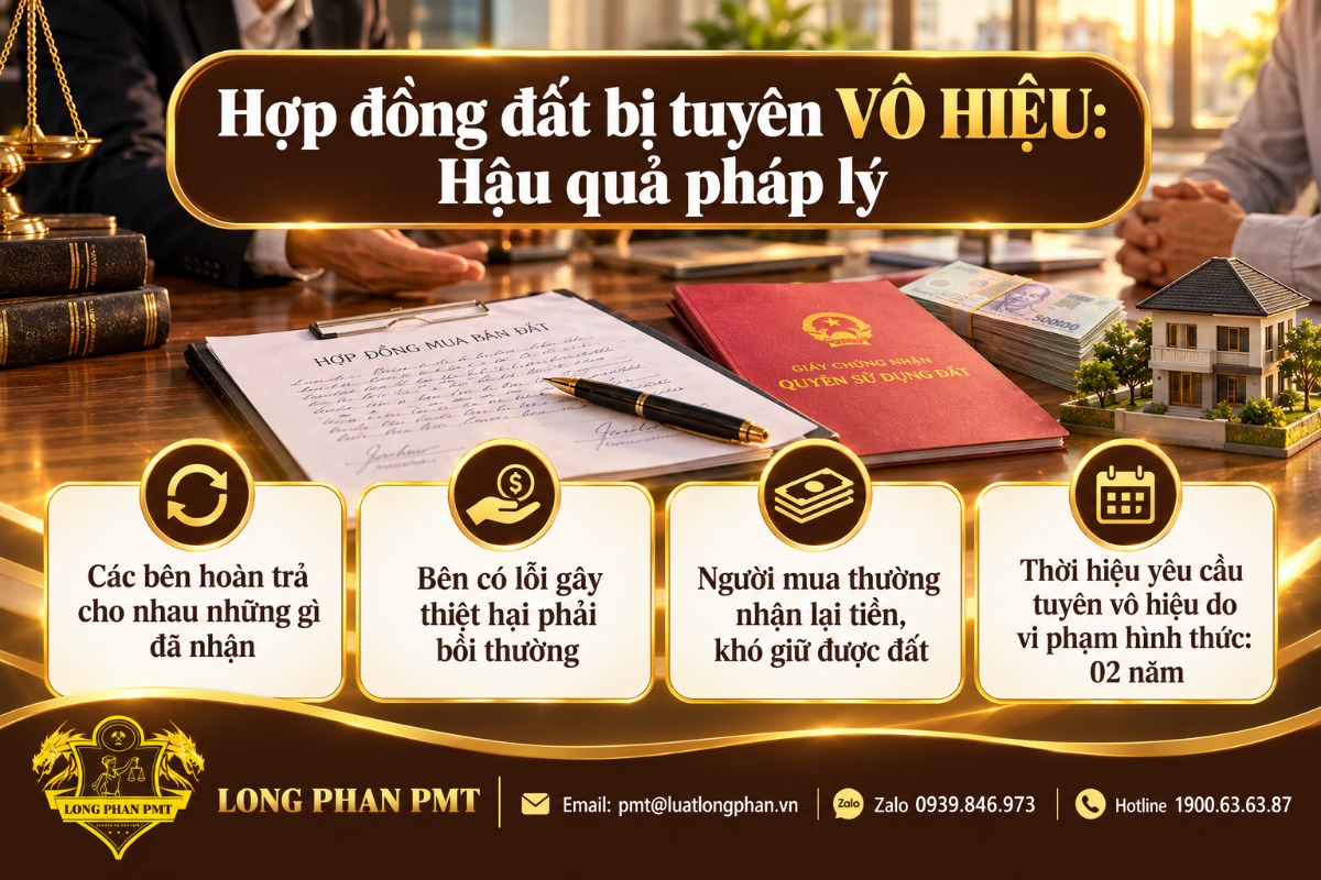 Infographic hậu quả khi hợp đồng mua bán đất bị tuyên vô hiệu: hoàn trả, bồi thường và thời hiệu 02 năm