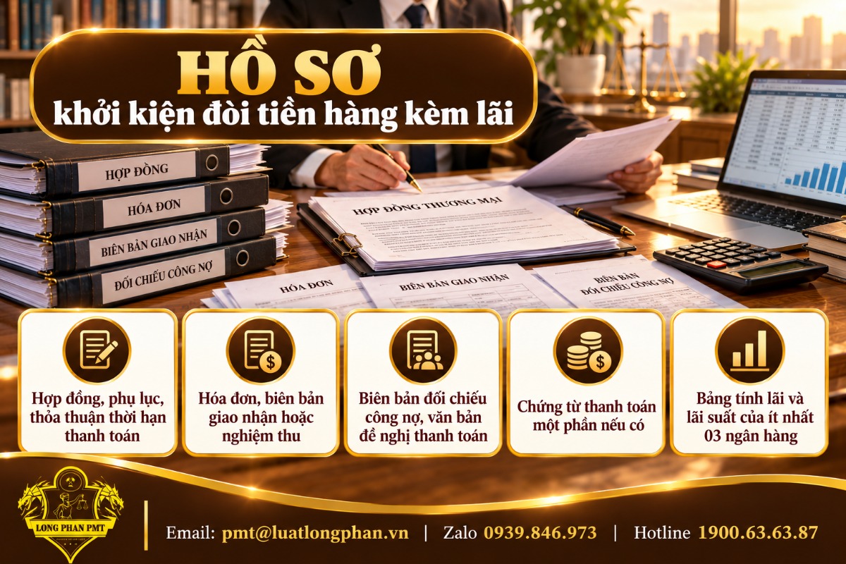 Infographic hồ sơ khởi kiện đòi tiền hàng kèm lãi: hợp đồng, hóa đơn, biên bản đối chiếu công nợ và bảng tính lãi