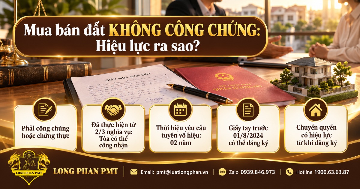 Infographic hợp đồng mua bán đất không công chứng: giấy tay, sổ đất, mô hình nhà và 5 điểm cần biết