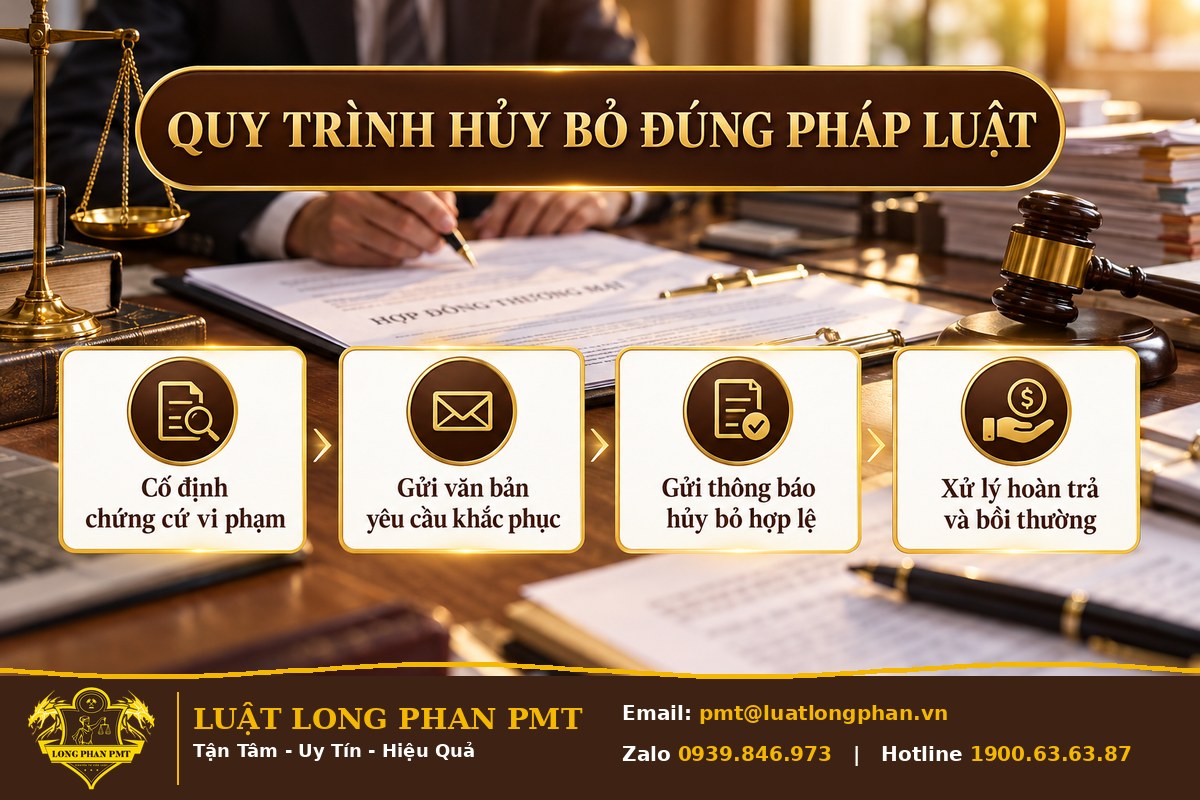 Infographic quy trình hủy bỏ hợp đồng thương mại: cố định chứng cứ, yêu cầu khắc phục, thông báo hủy, hoàn trả bồi thường