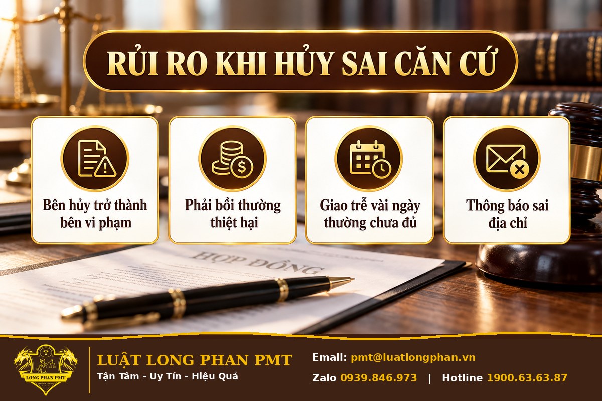 Infographic rủi ro khi hủy bỏ hợp đồng sai căn cứ: thành bên vi phạm, bồi thường, giao trễ vài ngày, thông báo sai địa chỉ