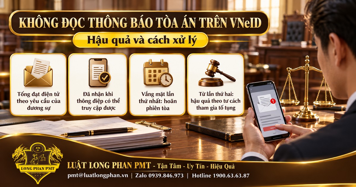 Người xem thông báo trên điện thoại kèm hồ sơ và cán cân công lý minh họa không đọc thông báo Tòa án trên VNeID