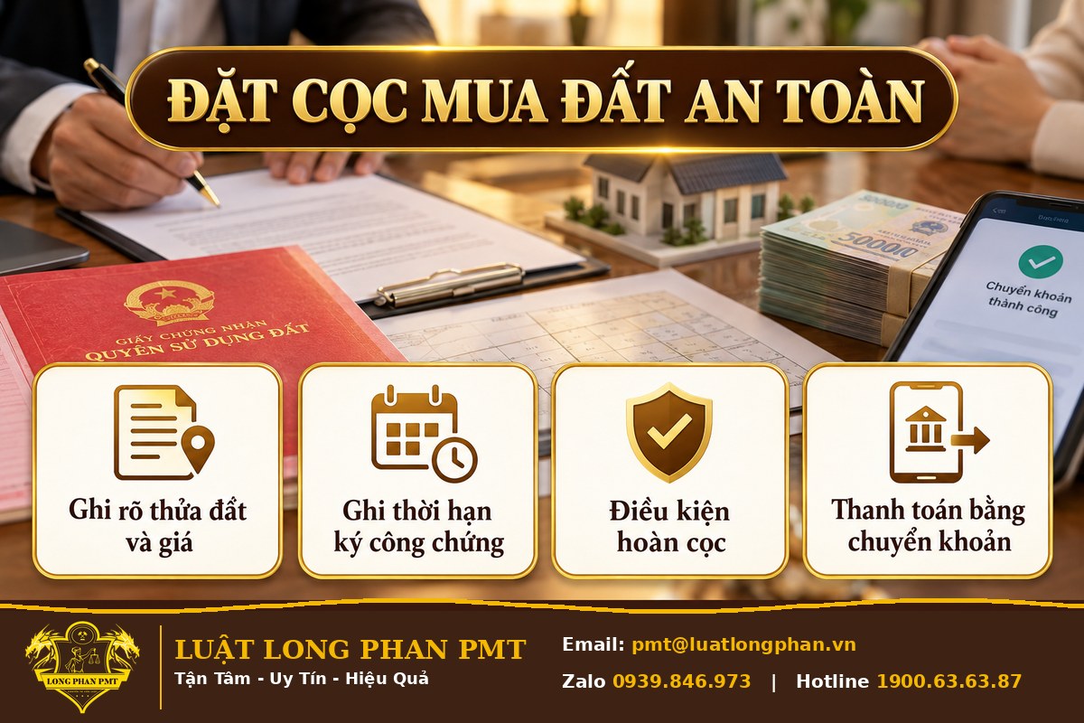 Infographic đặt cọc mua đất an toàn: ghi rõ thửa đất và giá, thời hạn công chứng, điều kiện hoàn cọc, chuyển khoản